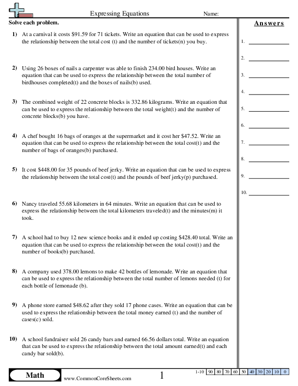 7.rp.2c Worksheets - Expressing Equations worksheet